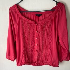 American Eagle Women’s Pink Blouse‎ SZ S Cropped Peasant Prairie Pin tucked